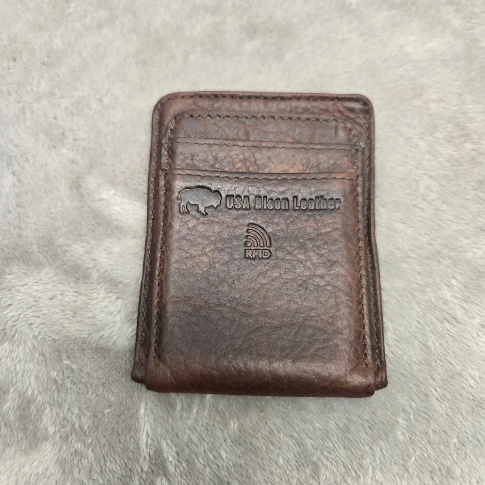 USA Bison Leather RFID Blocking Slim Card Case Wallet Brown ID Window Mens